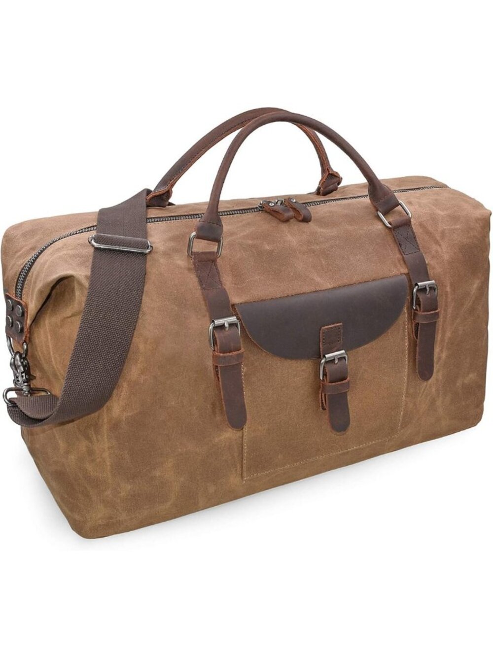 Waterproof Waxed Canvas & Leather Duffel Bag, Large Weekender for Travel
